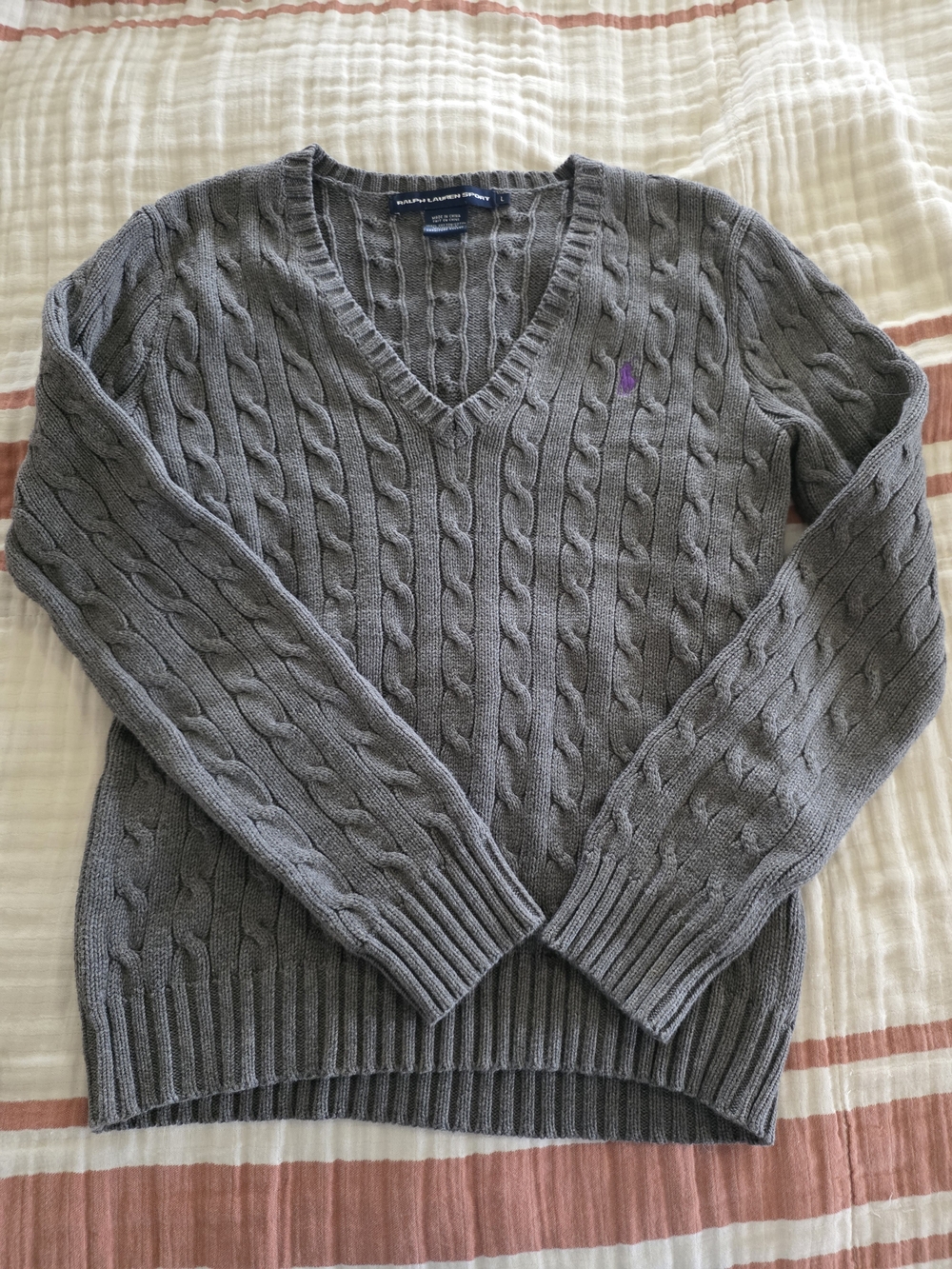 Ralph Lauren Gray Cable-Knit V-Neck Sweater with Purple Pony